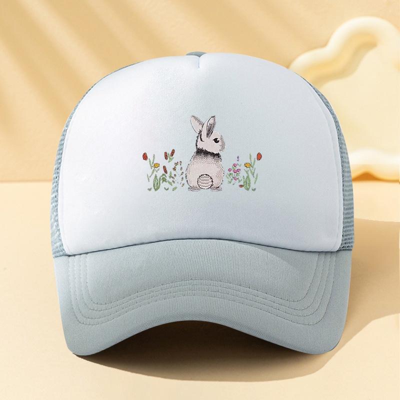 Rabbit Floral Print Trucker Hat Unisex Casual Baseball Cap Breathable Mesh Back Summer Outdoor Cap