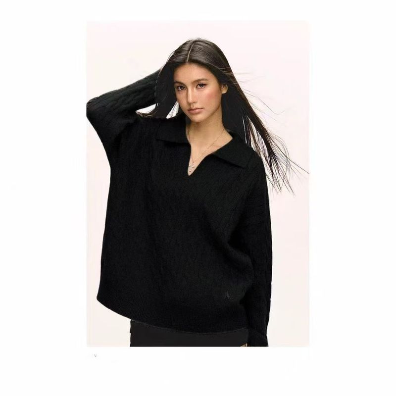 

Fashion New Arrival Fashion Elegant Lapel Long Sleeves Knitting Sweater Loose All-Matching Top Knitted Sweater Black All yards