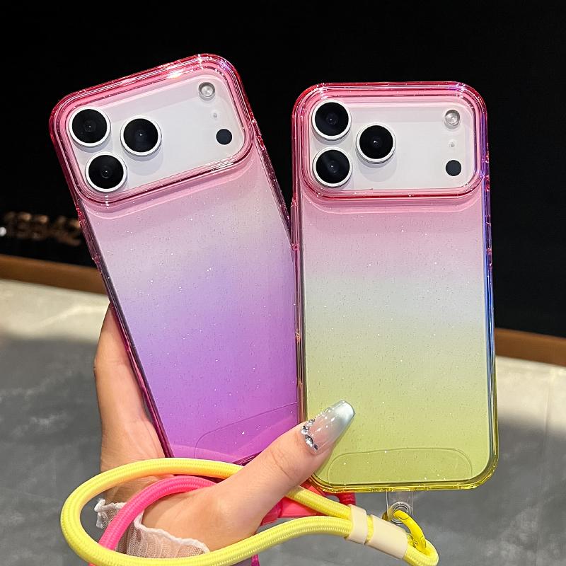 New Luxury Gradient Color Collision Shimmering Powder/Glitter Lanyard Phone Case For iPhone 17 Pro Max Air Bumper Back Cover