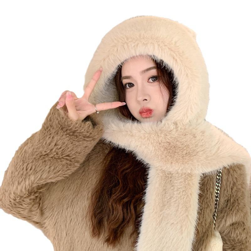 Căciulă Caldă de Pluș cu Ursuleț, Fular, Set dintr-o Bucată, Căciulă de Ciclism Antivânt cu Protecție pentru Urechi, Îngroșată și Versatilă Iarna