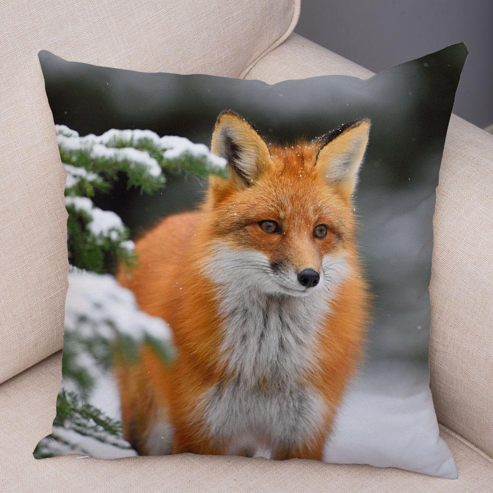 Cute Wild Fox Printed Pillow Case Decor Lovely Animal Pillowcase 45*45cm Soft Short Plush Cushion Covers for Sofa Home Car