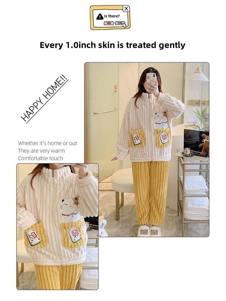 Cozy Coral Fleece Flannel Striped Loungewear for Plus Sizes (up to 220 lbs) - Cute and Warm for Autumn and Winter