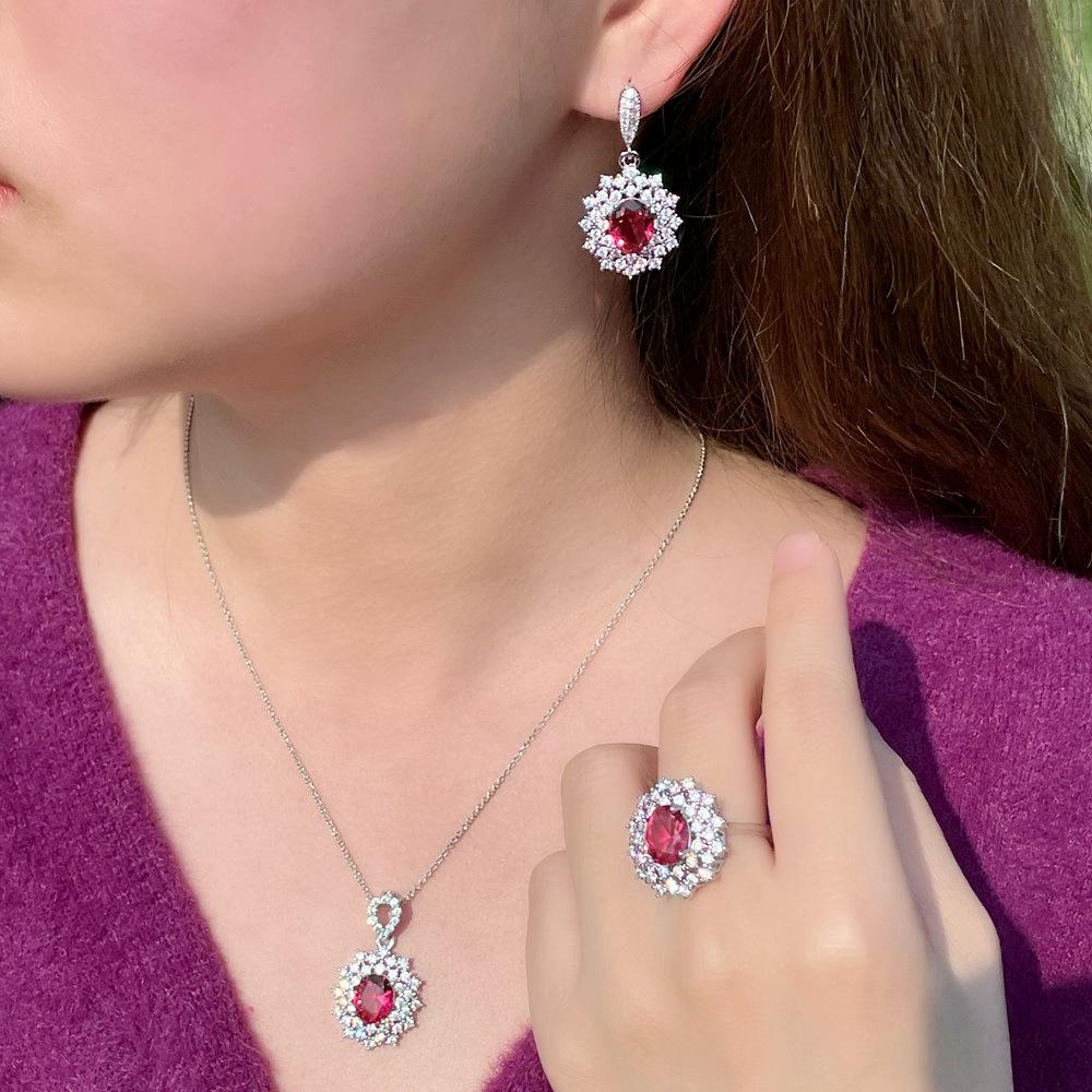 Necklace, Earrings, Ring, Ruby Three-Piece Chain, Micro-Zircon Popular Jewelry.