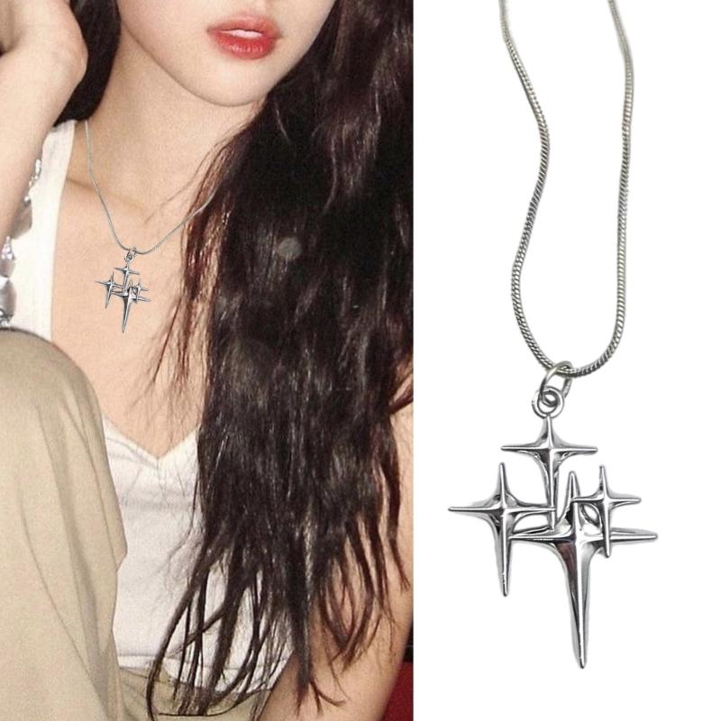 Fashion Four-Pointed Star Necklace Clavicle Chain Smooth Cross Pendant Necklace Wedding Party Jewelry for Women Girls