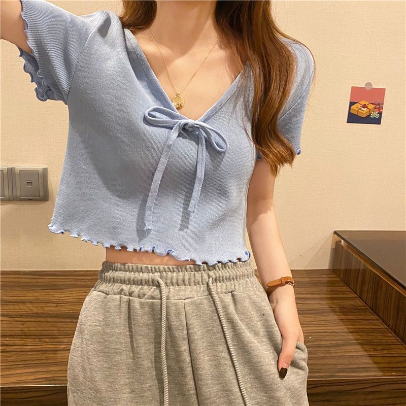 

Летний французский стиль галстук-бабочка Niche галстук с черной грибковой кромкой короткий вязаный свитер женский синий короткий топ L