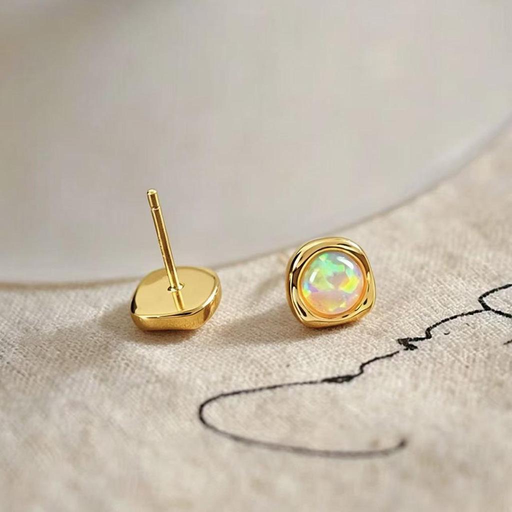 Original Design Synthetic Opal Stud Earrings for Women - 925 Sterling Silver, Gold Plated, Irregular High-End Feel