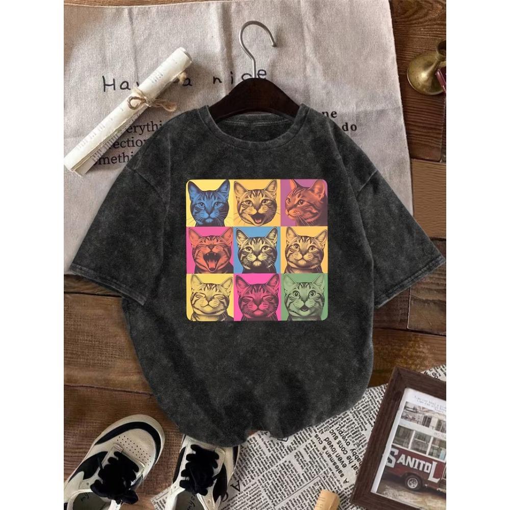 T-shirt Unisex con Stampa Gatto Acquerello Festa del Tè Girocollo Oversize Maglietta Casual Comoda Streetwear