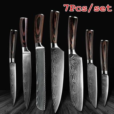 7 Pcs/Set Damascus Laser Pattern 4Cr Stainless Steel Kitchen Knife Set Kitchen Stuff Chopping Knife Fruit Boning Cutter