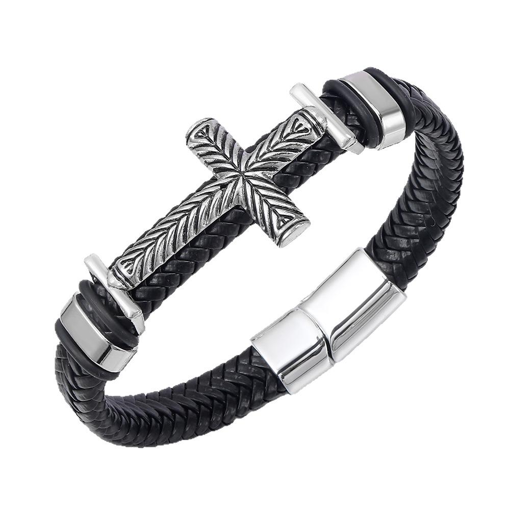 Vintage Alloy Cross Men's Braided Leather Bracelet Handwoven Cowhide Wristband Fashion Creative Jewelry Adjustable Size