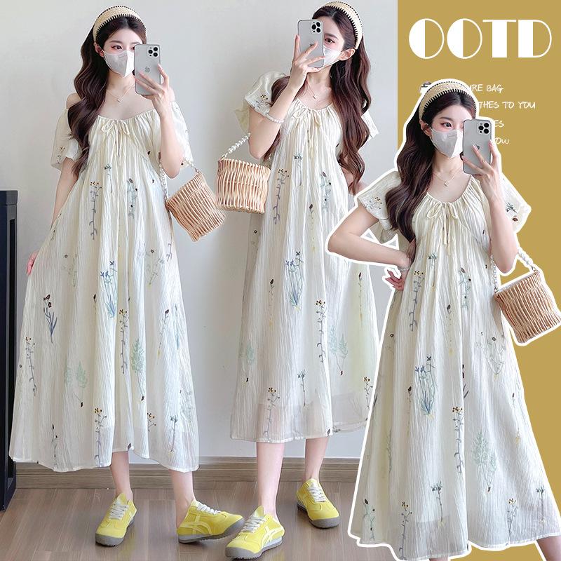 Summer 2025 French Floral V-Neck Maternity Dress - High-End Loose Fit Long Skirt M