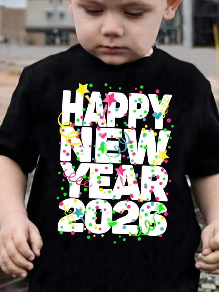 Children's T-Shirt 2026 Happy New Year Greeting Short Sleeve Casual Crew Neck T-Shirt Year of the Horse Gift Top Loose Clothing