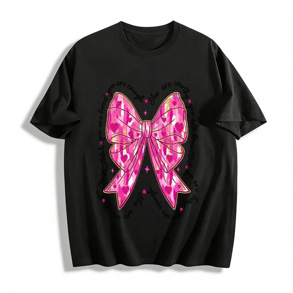 Inspirational Bow Heart Print Tee You Are Loved Worthy Enough Top Pure cotton T-shirt XXS