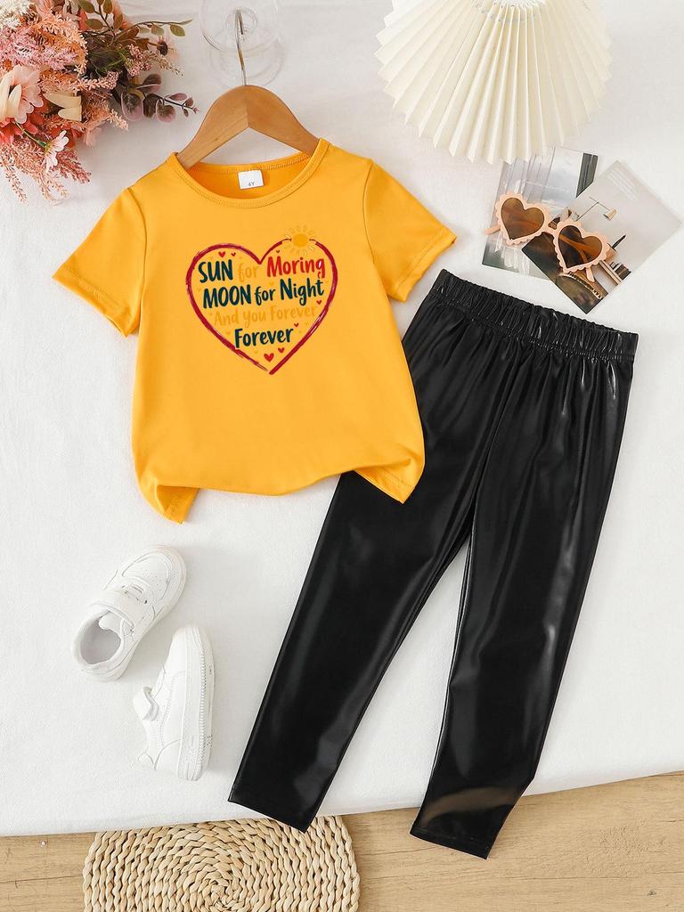 Summer Girls' Two-Piece Set: Fashionable Printed Short Sleeve Top & Long Pants