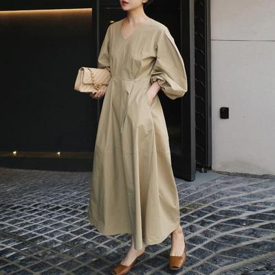 Korean Women Dresses Summer Simple Puff Sleeve Loose Solid Color Pockets Casual Women Dress