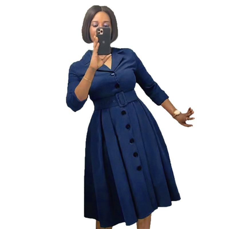 Solid Color V-Neck A-Line Dress with Belt, European & American Style, Plus Size, African Women