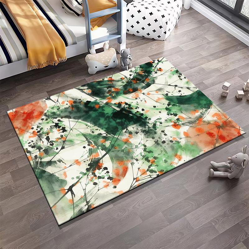 Abstract Art Style Carpet with Green, Orange, and White Modern Design Suitable for use as an anti-slip for living room bedroom sofas