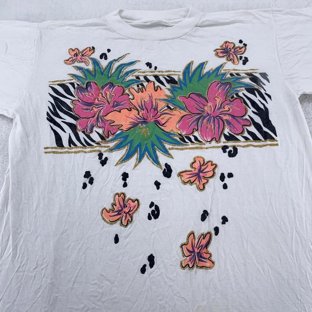 Vintage 90s Floral Zebra Art Print Shirt Mens XL Hibiscus Flower Graphic Tee