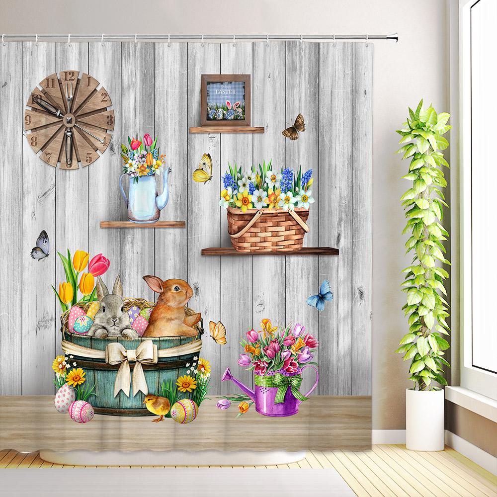 Cute Bunny Floral Shower Curtain Easter Rabbit Truck Watercolor Flower Plant Green Leaves Butterfly Bathroom Decor with Hooks