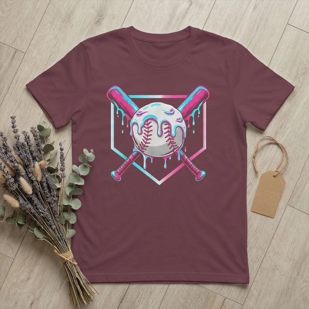 Hipster Baseball Sport Ice Cream Drip TShirts for Unisex Round Collar Pure Cotton T Shirts Funny Meme Short Sleeve Tees Clothing