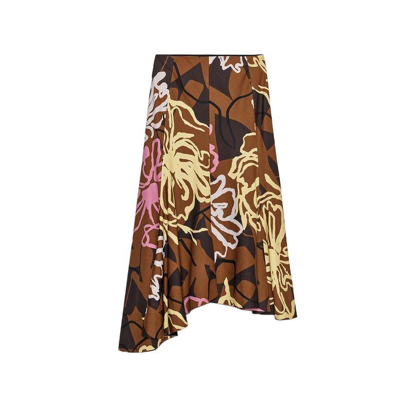 

Summer New Product Women s Clothes French Cotton Blended Mid-Waist Print Asymmetric Skirt 3042137 3042857 Brown L