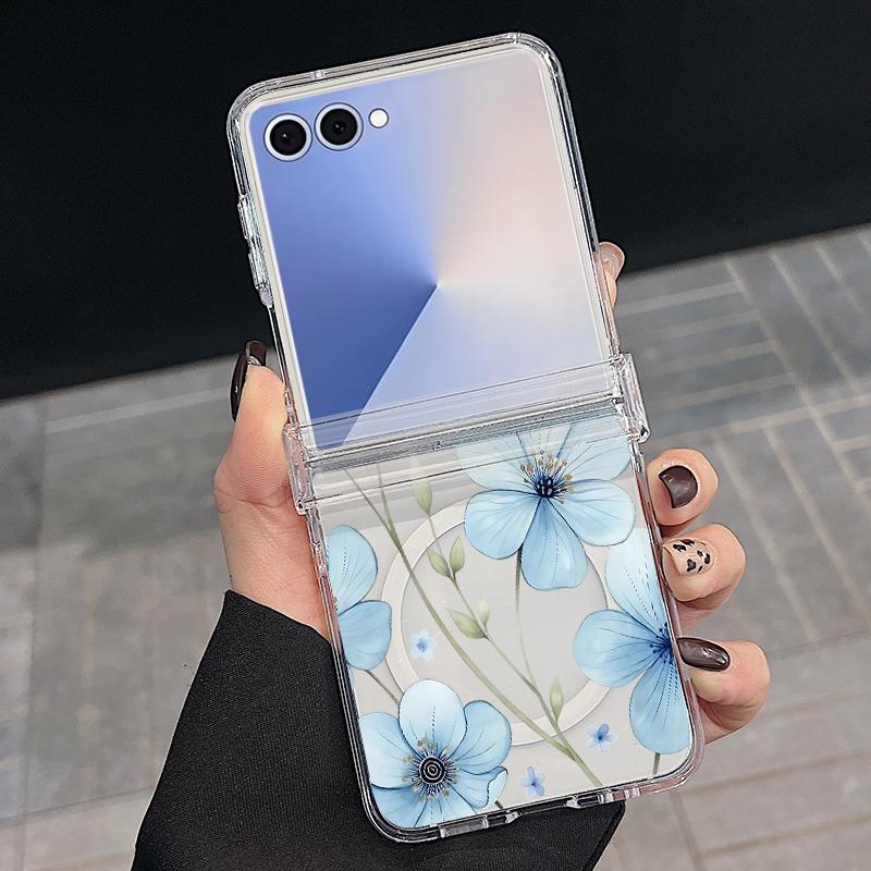 For Samsung Z Flip 7 6 5 4 Case Magnetic For Magsafe Blue and White Flowers Hinged Hard PC Folding Cover For Galaxy Z Flip7 Flip6 Flip5