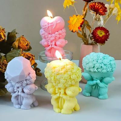 Orso di Rose Stampo Cuore Bouquet di Fiori San Valentino Fai da Te Stampo a Forma di Cuore Stampo in Silicone per Candele