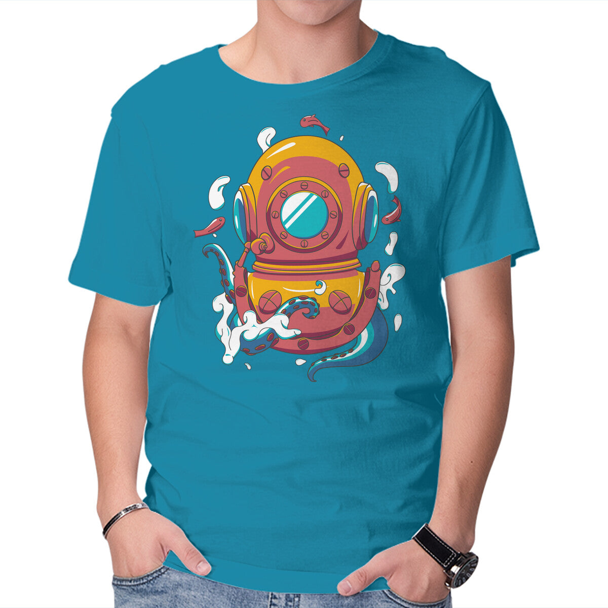 Unisex Crew Neck T-Shirt Diving Octopus Graphic Short Sleeve Casual Tee M