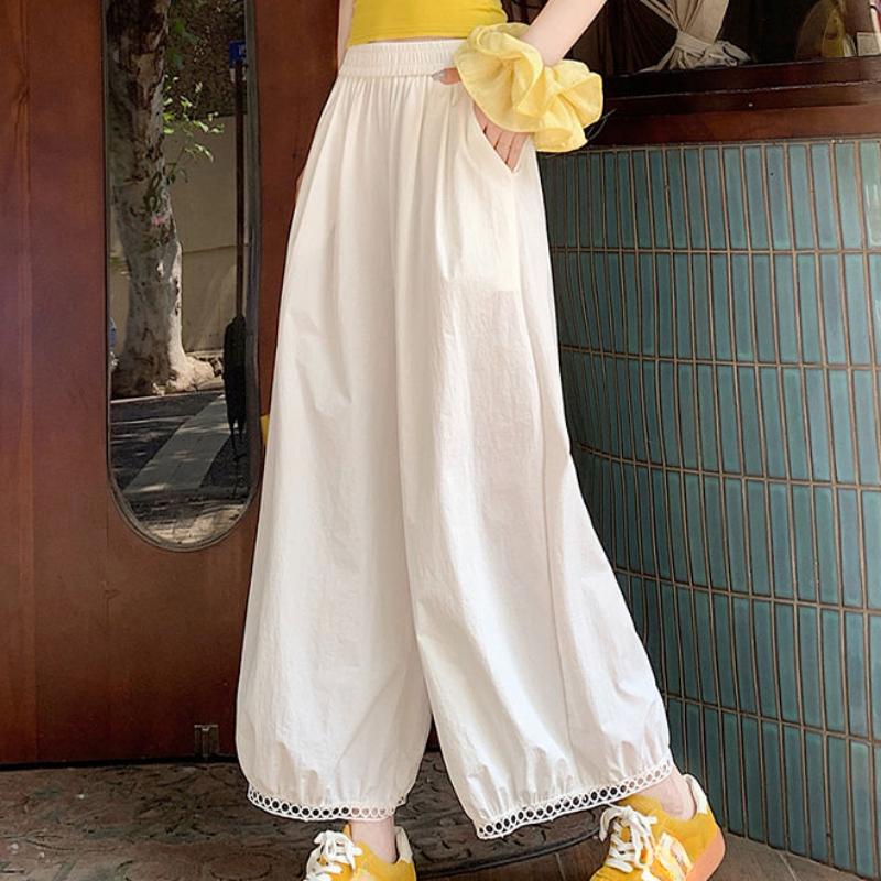 Women's Summer 9/10 Length White Lantern Pants | Hollow-Out Lace Wide-Leg Balloon & Bud Pants