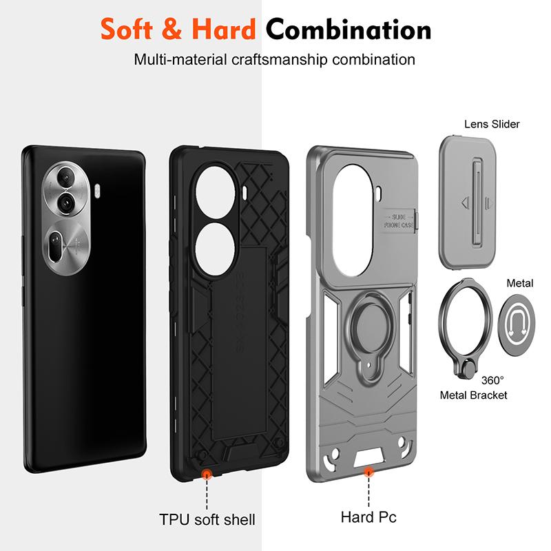 For OPPO Reno 11 Shockproof Hard Armor Cover Case For Oppo Reno 11 Pro Slide Lens Protect Shell Magnet Bracket Phone Cover