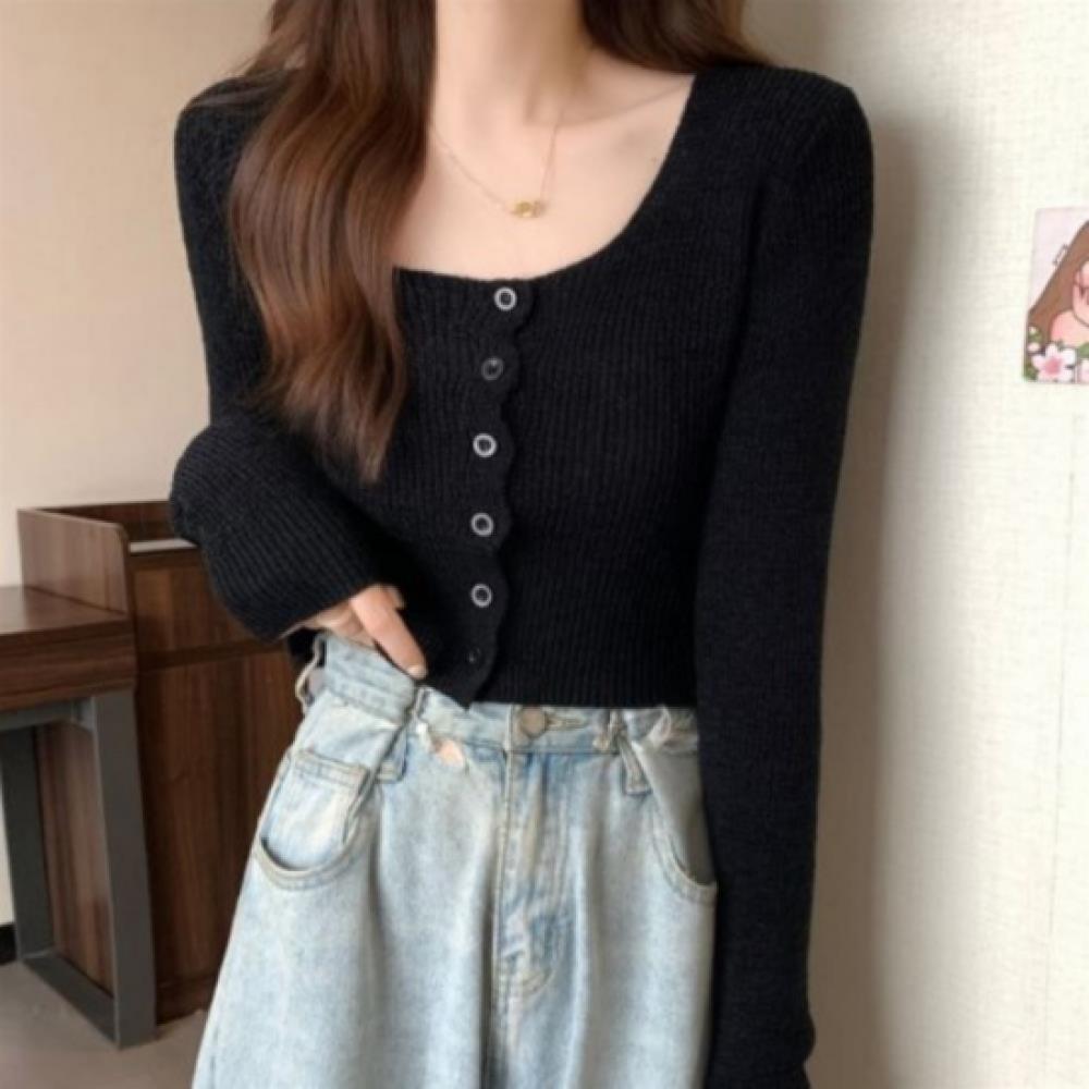 New Arrivals Open Run Women Vivid Color Crop Long Sleeve Square Neck Cardigan