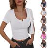 Women's Casual Slim Fit Henley Neck Short Sleeve Ribbed Knit Top with Button Detail for Everyday Wear and Layering