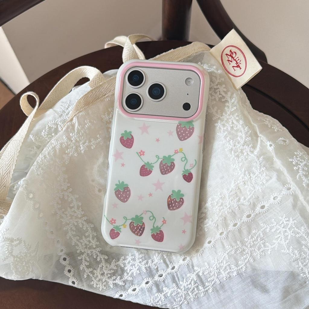 Rounded Edge IMD Strawberry Star Phone Case for iPhone 17 Pro Max, Compatible with 15 Pro and iPhone 16, Designed for Women