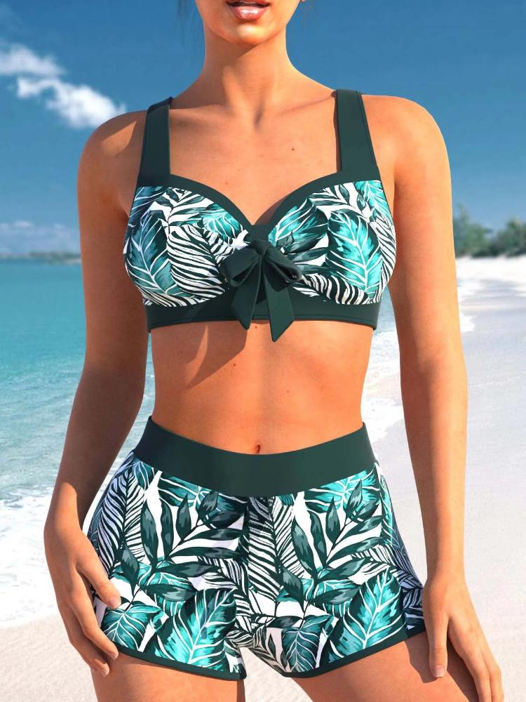 Новинка 2024 года, летние женские модные пляжные купальники, женские купальники из двух частей, женские купальники-бикини с принтом S зелёный