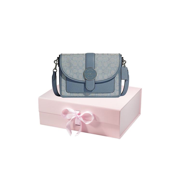 Coach Lonnie 25 Chambray Light Color Floral Print Fabric With Leather Shoulder Crossbody Bag Medium Women bags Fog-Blue Morandi C8307-SVS9X
