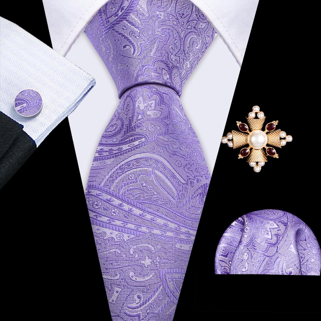 Pearl Brooch with Silk Tie for Men Vintage Floral Teal Necktie Hanky Cufflinks Gift Formal Set