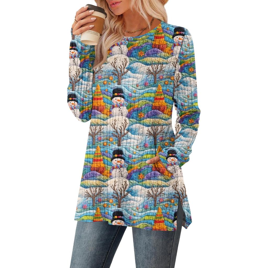 Women's Christmas Printed Round-neck Long-sleeved Top With Pockets And Side Slits