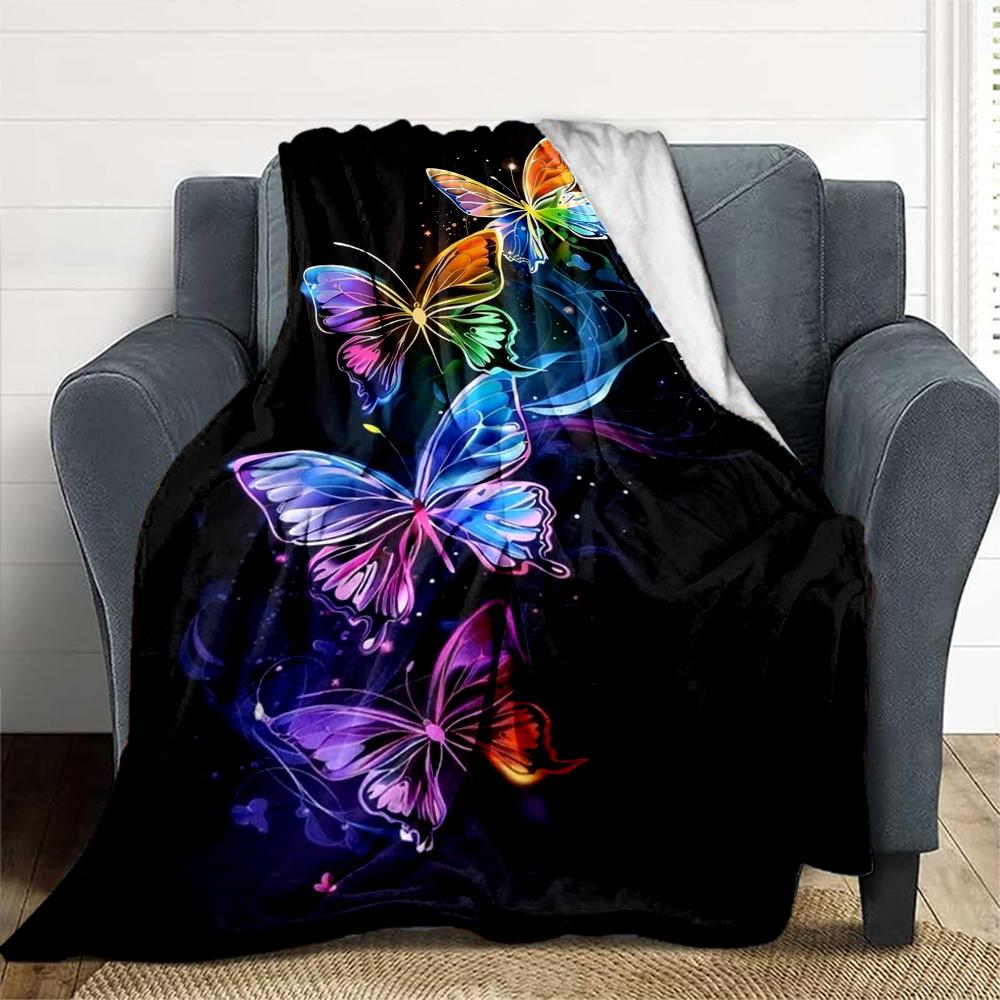 1pc Butterflies, Rainbow Flannel Blanket, Comfortable and Warm Blanket, for Camping Sofa Bed and Couch Office046