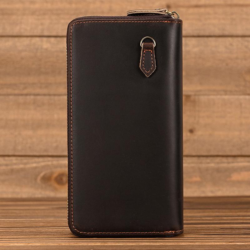 Brand Designer Retro Real Leather Wallet Male Business Casual With Double Zipper Cow Skin Crazy Horse Wallet With Wristlet