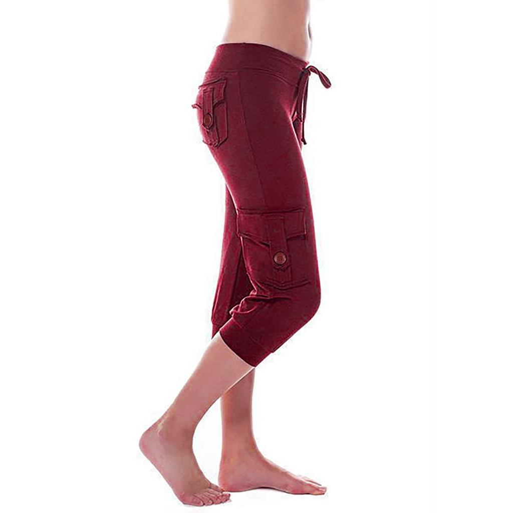 Women's Stretch-Waist Button-up Multi-Pocket Yoga Cropped Pants