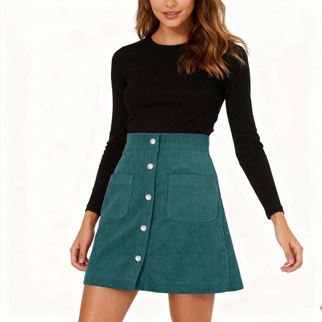 Damen-Halbrock aus Cord, enger Rock, einreihig, Cord, schmal