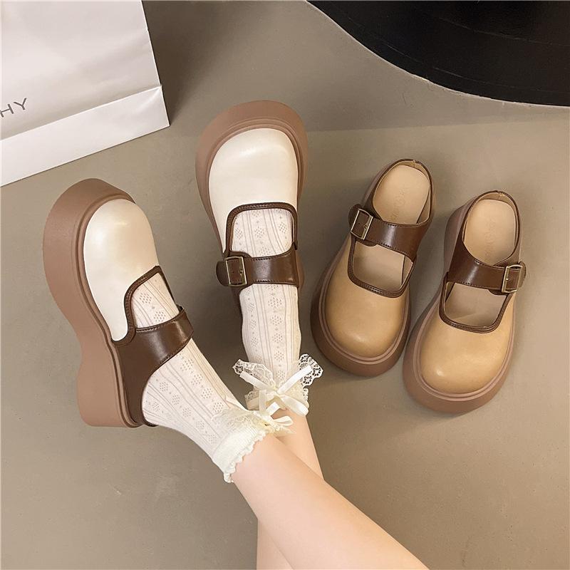 Big head thick bottom bag head slippers women's 2025 spring new retro fashion leather buckle small height half slippers