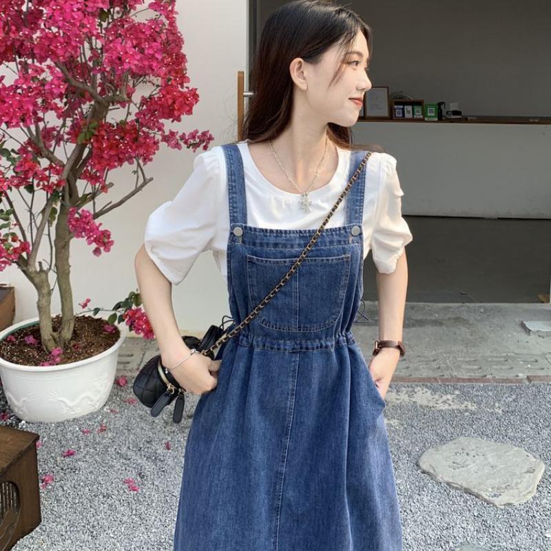 Women's Denim Suspender Skirt Spring Summer Causal Strap Female High Waist A-line Solid Lace-up Woman Skirts
