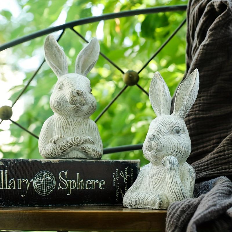 2pcs Rustic Wood Grain Finish Bust Rabbit Resin Statues, Farmhouse Decorative Animal Sculptures For Garden And Balcony