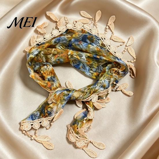 Elegant Tassel Fringe Wrap Women Triangular Shawl Scarf with Tassel, Hollow Lace Retro Oil Outdoor Photography Prop Painting Print, Breathable Fashion