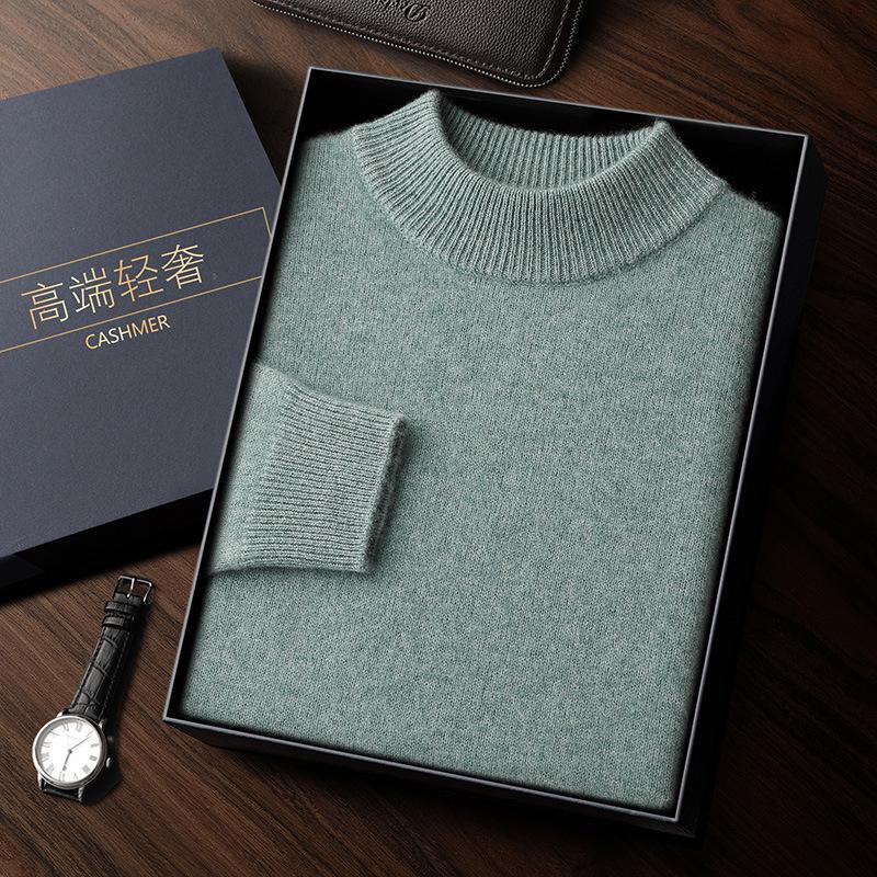 Men's Double-Thick Lamb Cashmere Sweater, Solid Color, Round Neck, Autumn/Winter Base Layer.