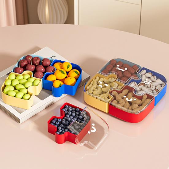 Plateau à snacks modulaire en forme de puzzle avec couvercles Organisateur amovible pour fruits, noix, bonbons Anti-poussière Empilable Plateau de service polyvalent pour table basse