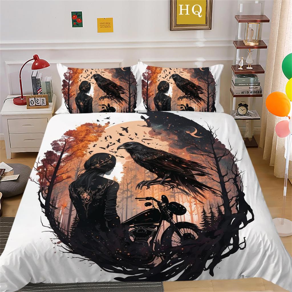 3D Beauty Skull Head Bedding Set Motorcycle Beauty Print Bedroom Decoration Quilt Cover and Pillow Cover 2/3 Pieces White Background Home Decoration