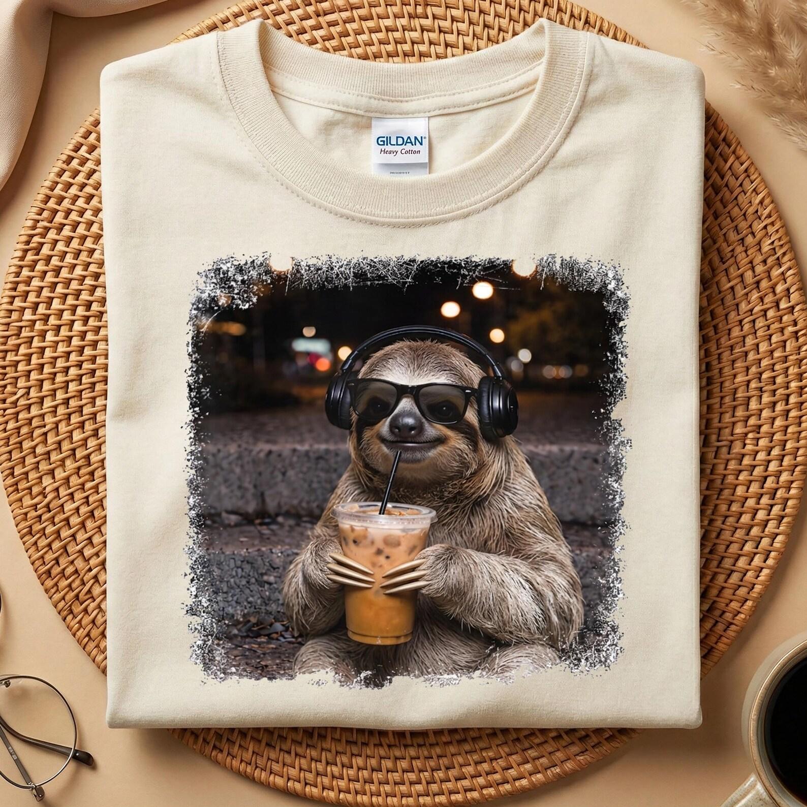 Cool Sloth Boba Tea T-Shirt, Funny Sloth Headphones Shirt, Sloth Lover Gift Tee, Cute Sloth Coffee Shirt, Aesthetic Animal Graphic Tee S
