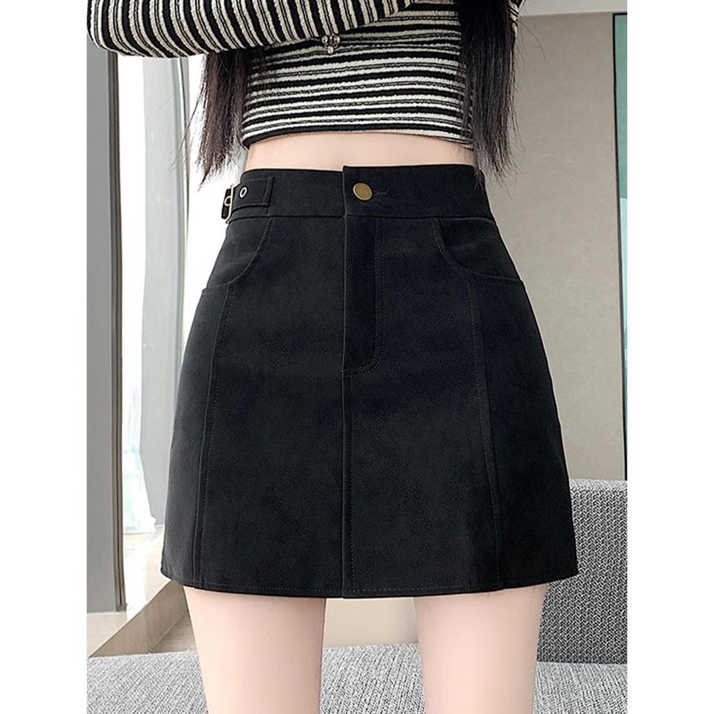 Plus-size Coffee Deer Suede High Waist A-line Mini Skirt for Women - Spring/Autumn, Anti-exposure, Slimming, Hip-hugging Fit