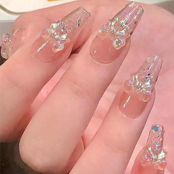 Blush French Cat Eye Princess Bow Nails - Handmade Wearable Nail Art